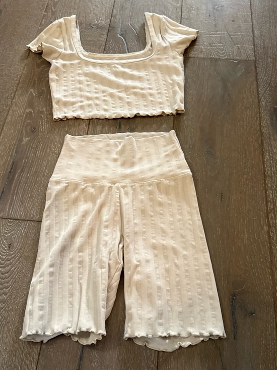 aerie Pants - aerie Ribbed Cropped Top & High-Waist Bike Shorts Set in Cream